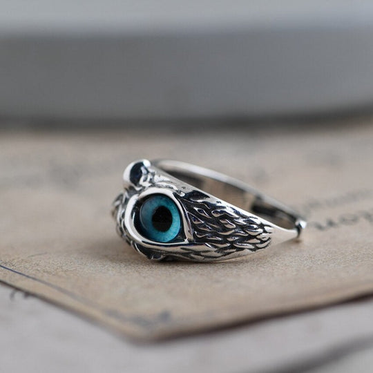 Saylor – Sterling Silver Owl Ring with Blue Gemstone Eyes for Women