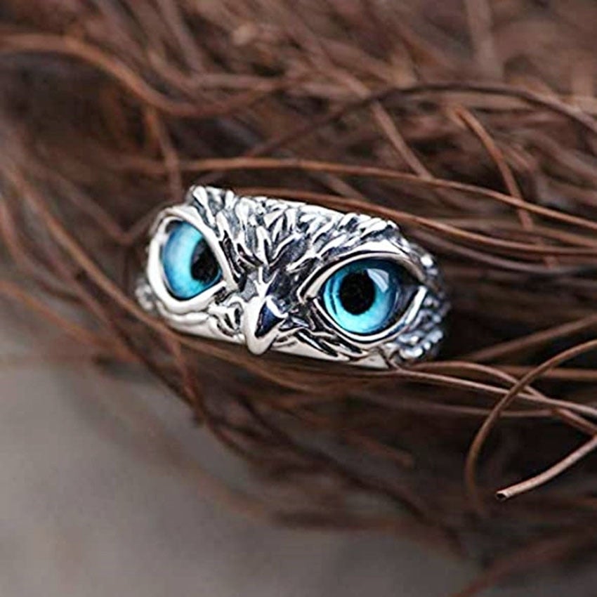 Saylor – Sterling Silver Owl Ring with Blue Gemstone Eyes for Women