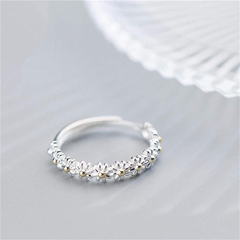 Adjustable Silver Daisy Ring Hand-Enamel