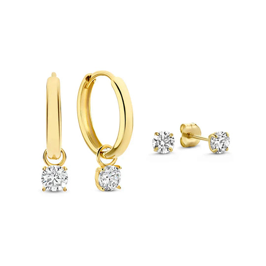 Hillary– Gold Hoop & Solitaire Stud Earring Set for Women