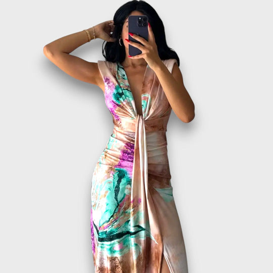 Celinne – Draped Dress with Marble Print