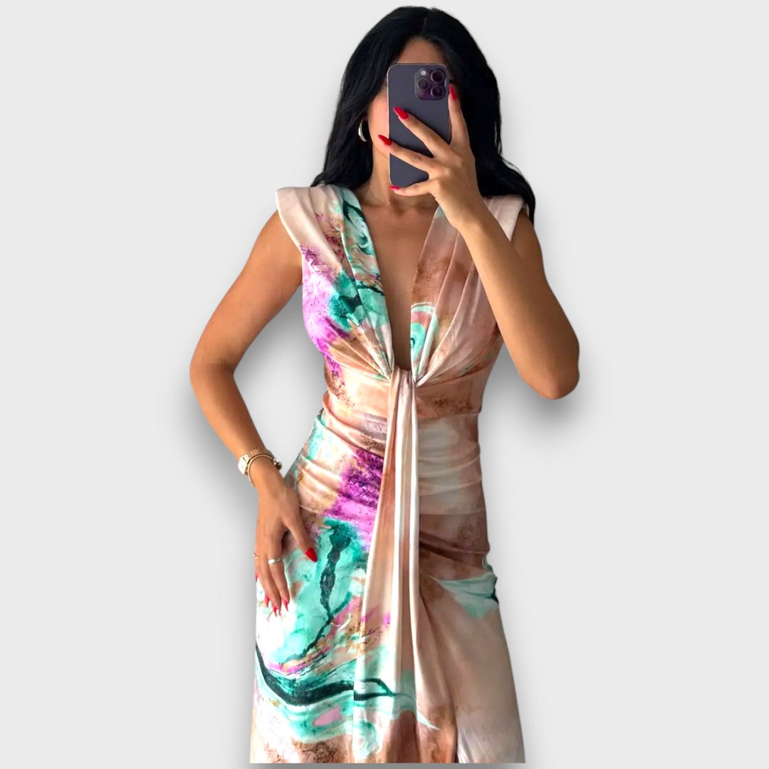 Celinne – Draped Dress with Marble Print