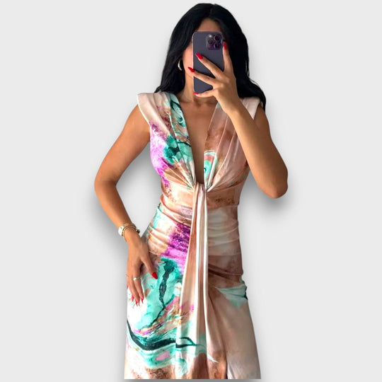Celinne – Draped Dress with Marble Print