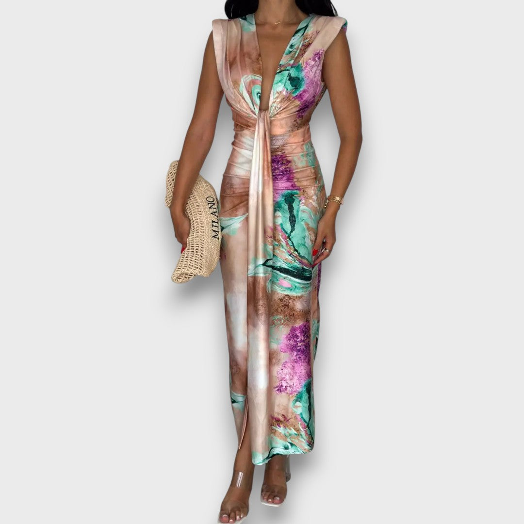 Celinne – Draped Dress with Marble Print
