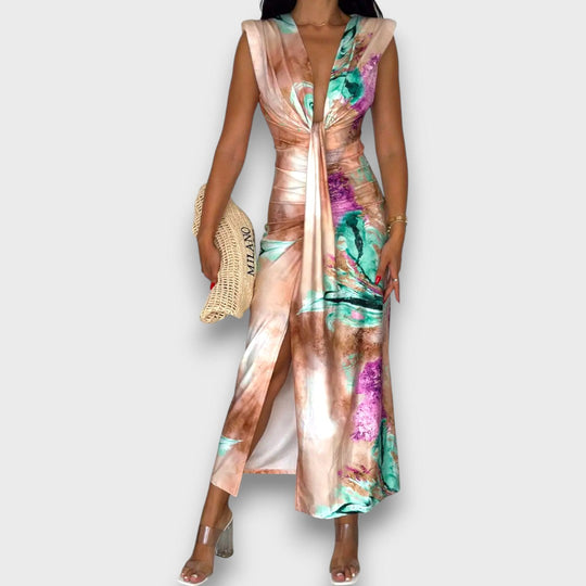 Celinne – Draped Dress with Marble Print