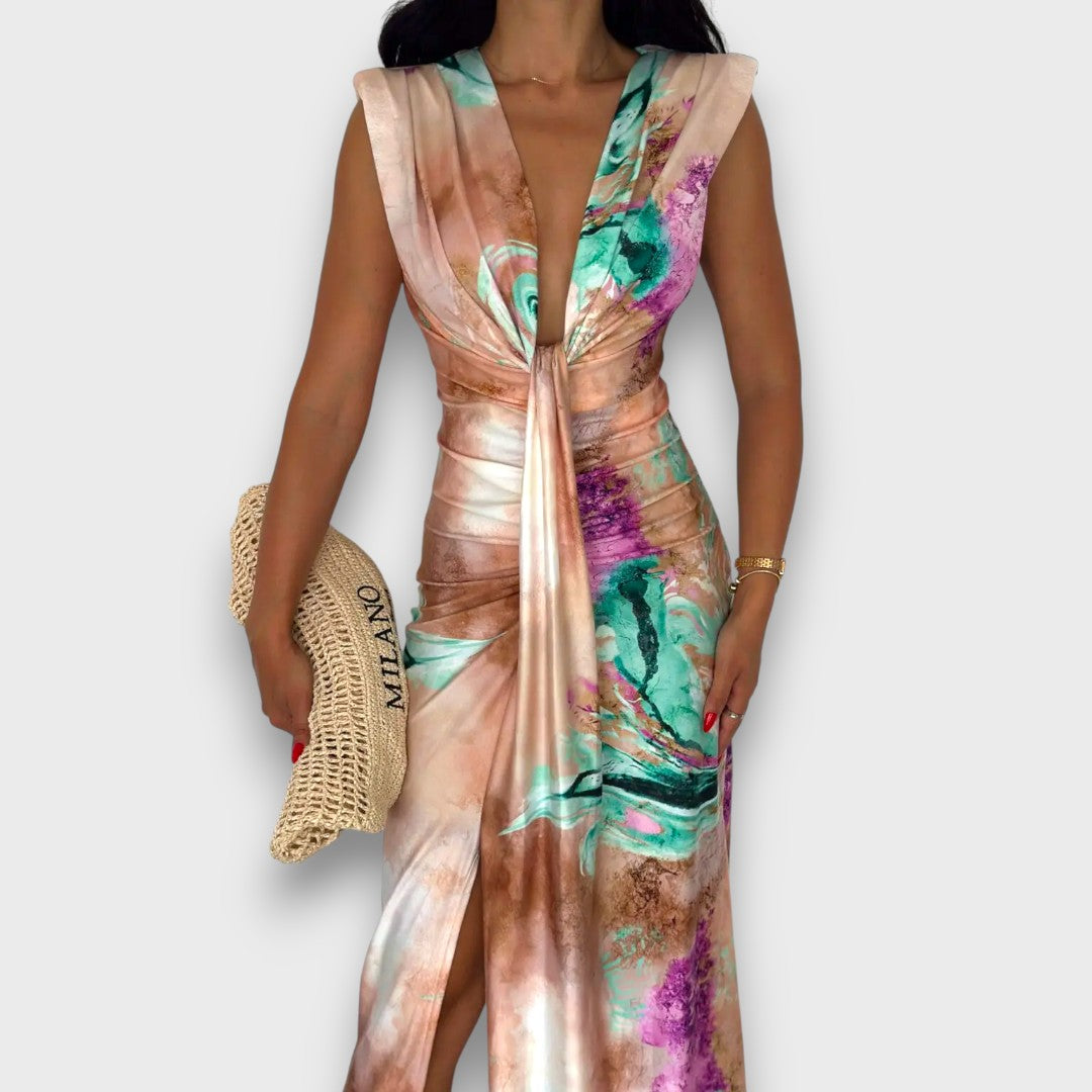 Celinne – Draped Dress with Marble Print