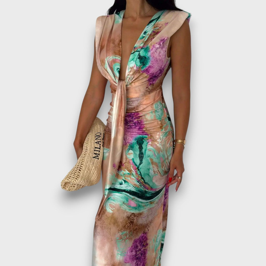 Celinne – Draped Dress with Marble Print