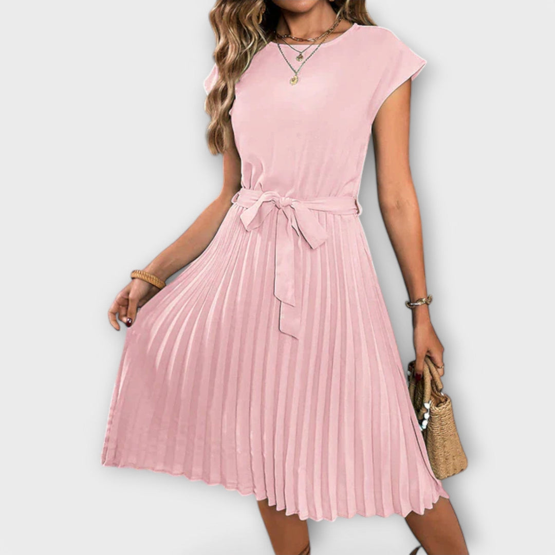 Mireia – Pleated Dress with Waist Bow