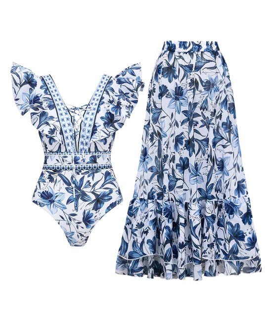 Isola – Blue Porcelain Ruffle Swimsuit & Wrap Skirt Set for Women