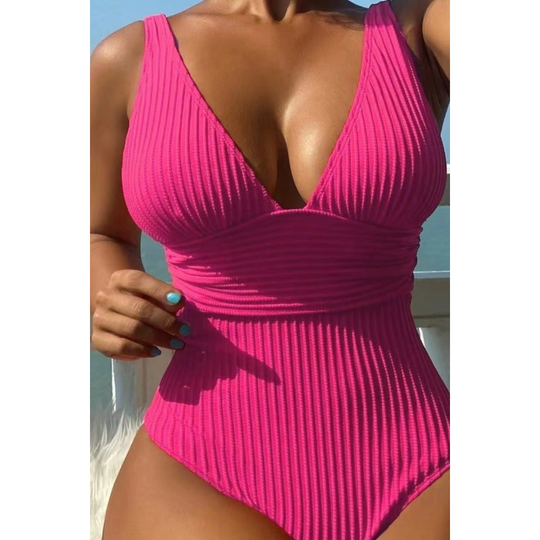 Zenthra - Ribbed V-Neck One-Piece Swimsuit