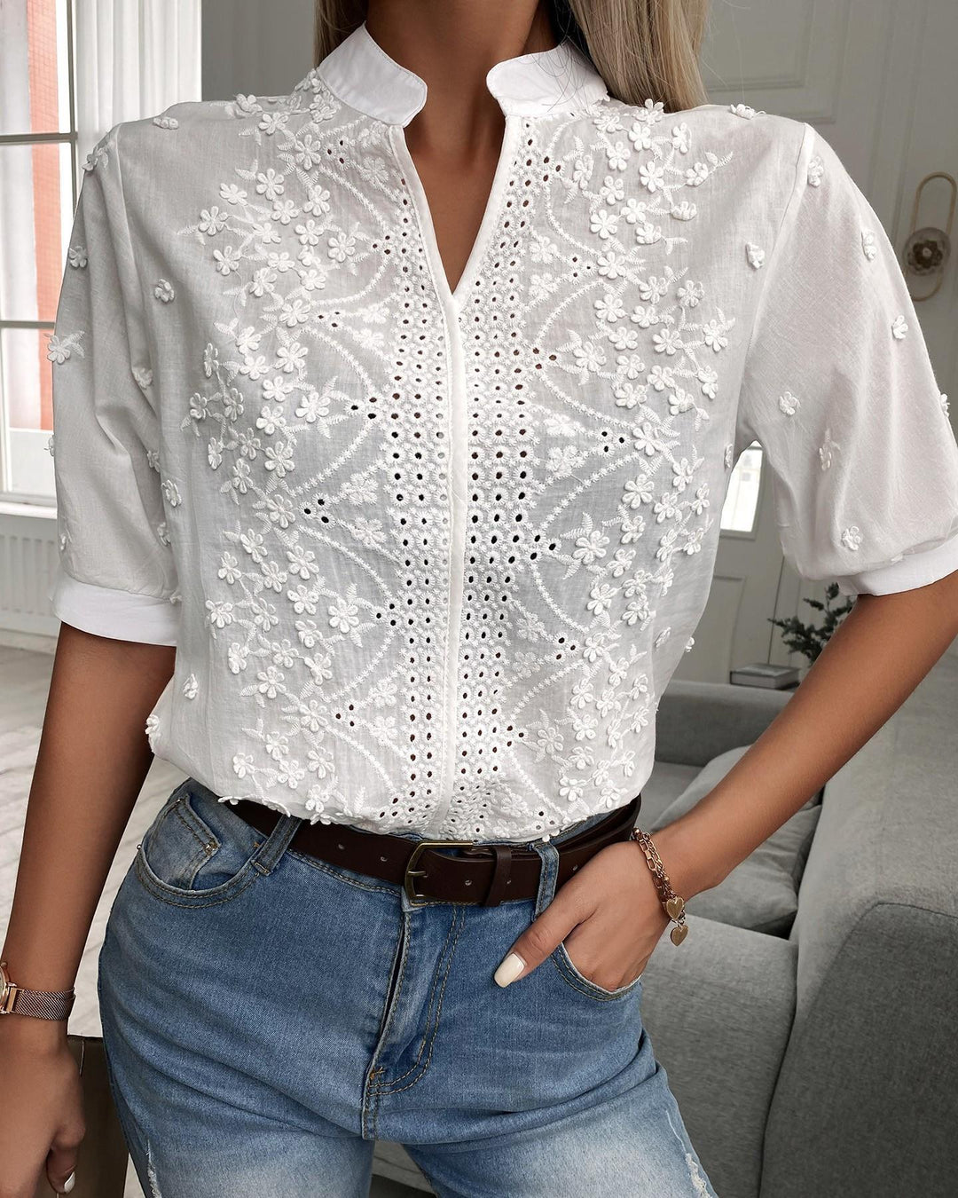 Elvarine – Embroidered Mandarin Collar Blouse