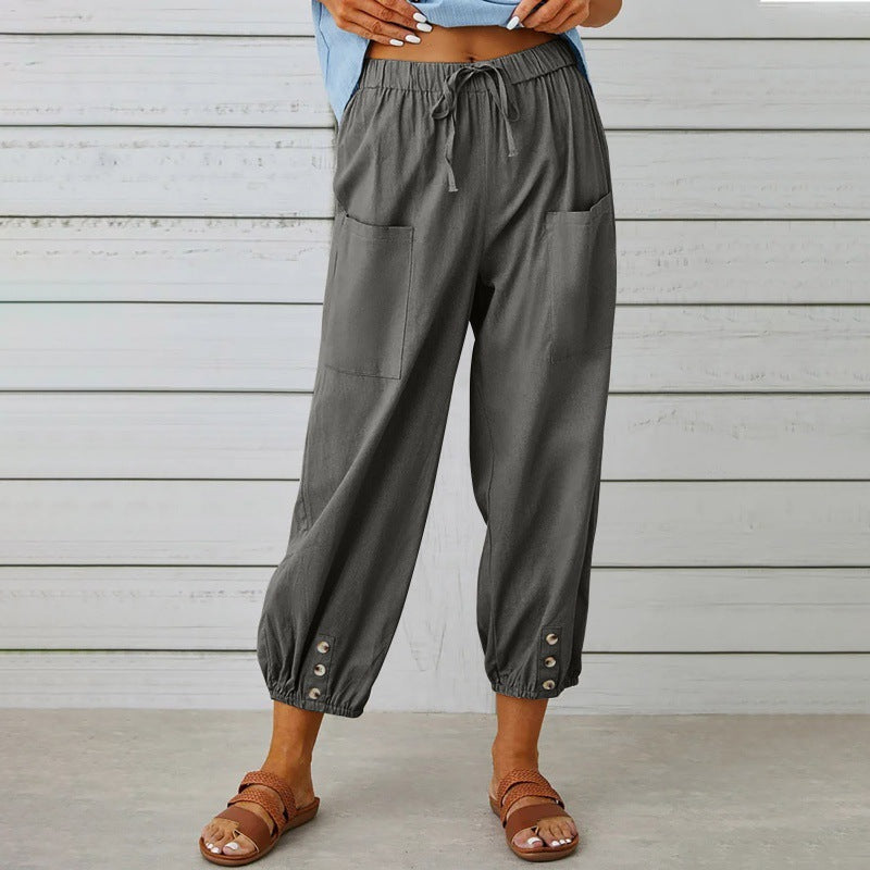 Philippa - Cotton/linen tapered women's trousers with button cuff