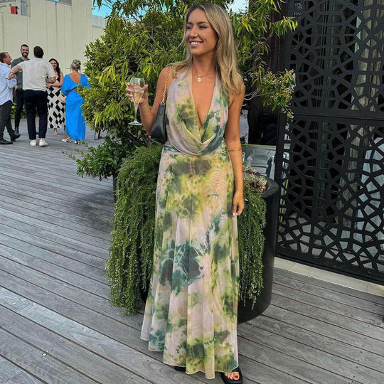 Sylvara – Watercolor Halter Maxi Dress for Women