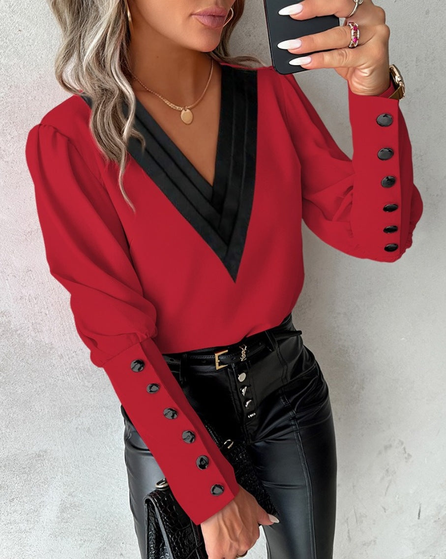 Zofia – Elegant V-neck blouse with decorative cuffs for women
