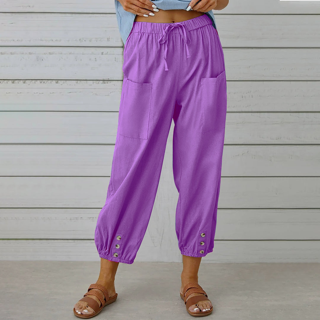 Philippa - Cotton/linen tapered women's trousers with button cuff