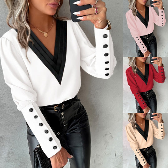 Zofia – Elegant V-neck blouse with decorative cuffs for women
