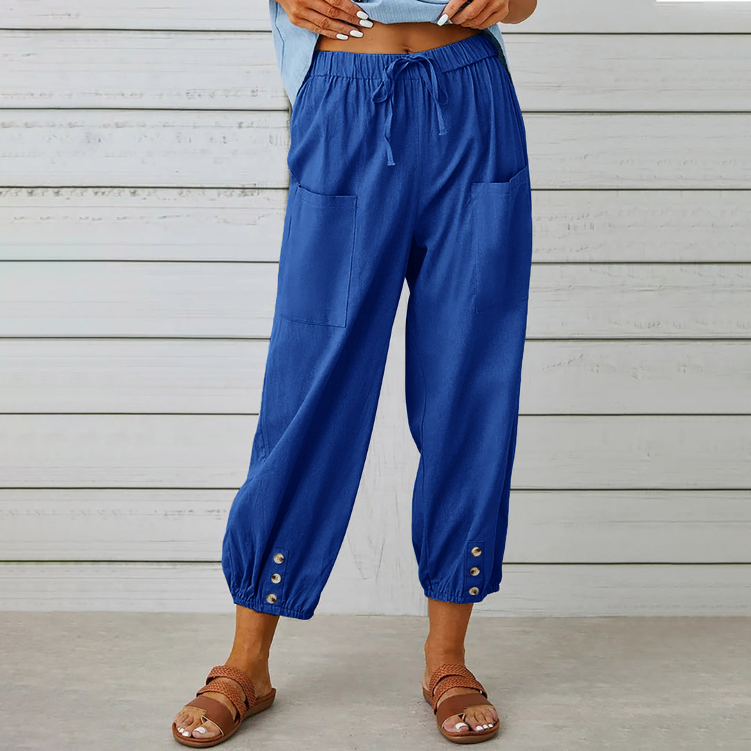 Philippa - Cotton/linen tapered women's trousers with button cuff