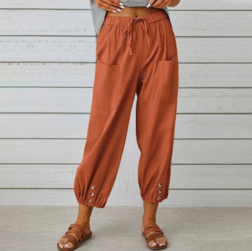 Philippa - Cotton/linen tapered women's trousers with button cuff