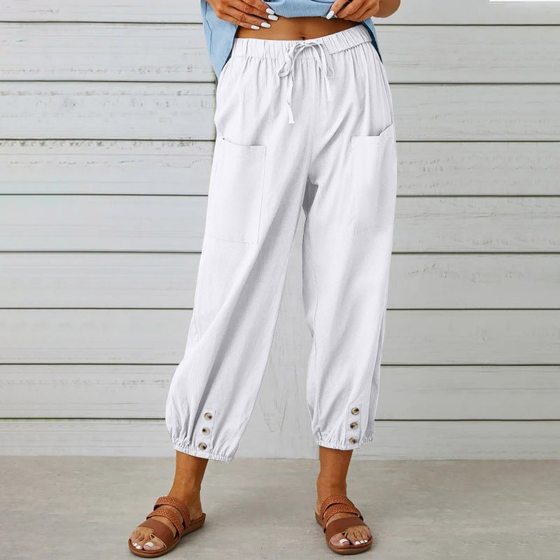 Philippa - Cotton/linen tapered women's trousers with button cuff