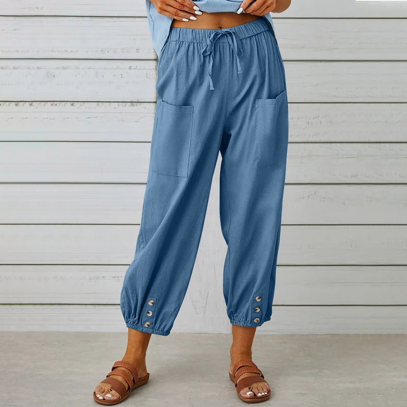 Philippa - Cotton/linen tapered women's trousers with button cuff