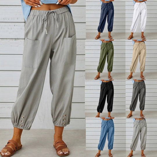 Philippa - Cotton/linen tapered women's trousers with button cuff