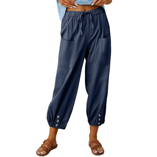 Philippa - Cotton/linen tapered women's trousers with button cuff