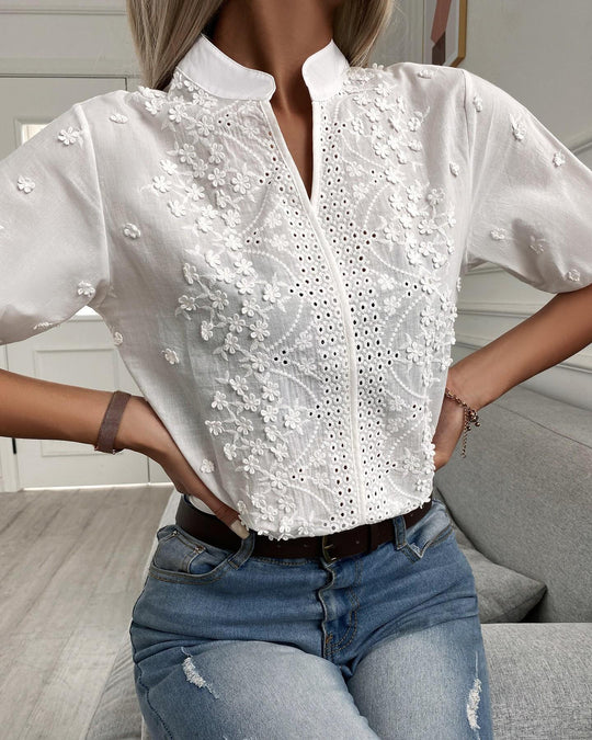 Elvarine – Embroidered Mandarin Collar Blouse