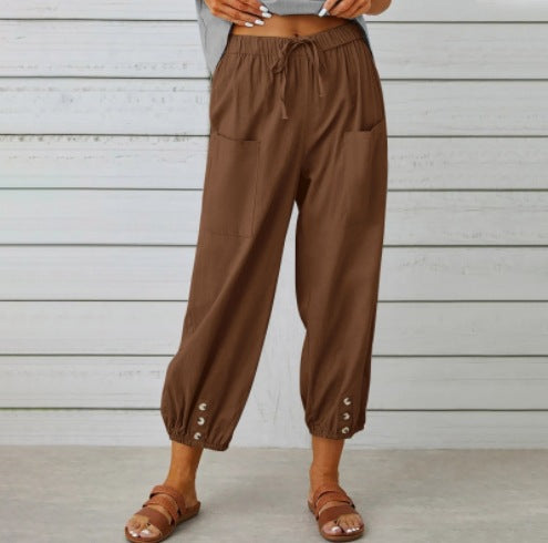 Philippa - Cotton/linen tapered women's trousers with button cuff