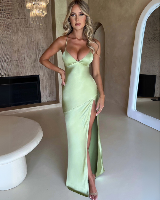 Orlina – Satin Cross-Back Slit Gown for Women