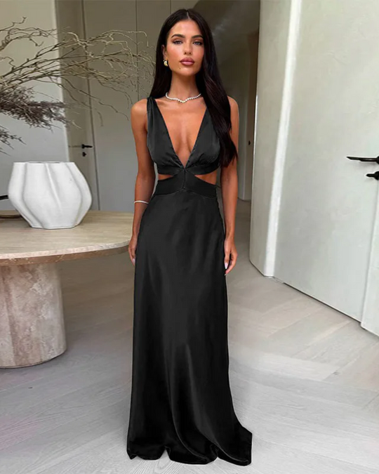 Milena – Satin Plunge Neck Evening Gown for Women