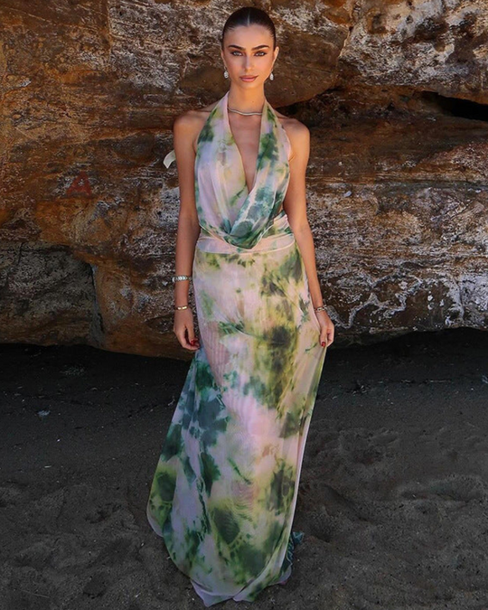 Sylvara – Watercolor Halter Maxi Dress for Women