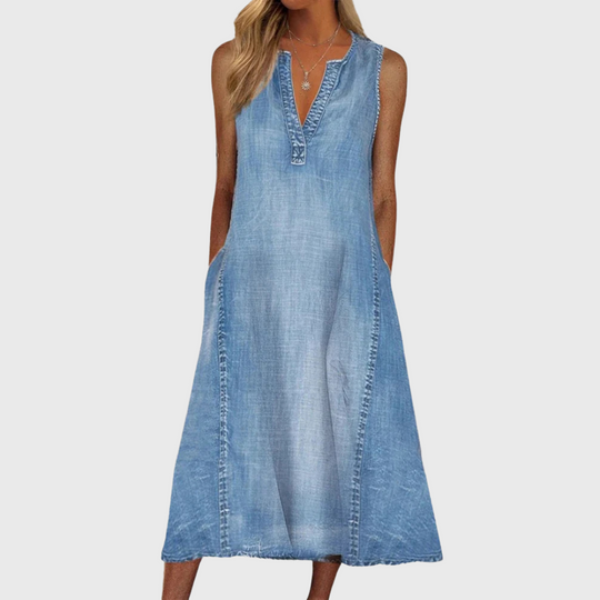 Avenora – Sleeveless V-Neck Denim Midi Dress for Women