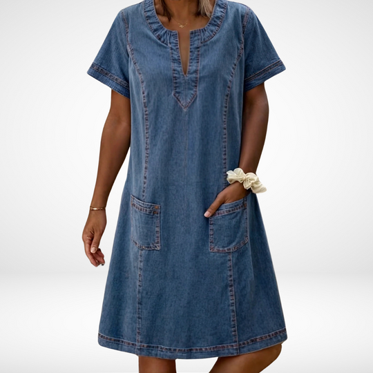 Devina – V-Neck Short Sleeve Denim Shift Dress for Women