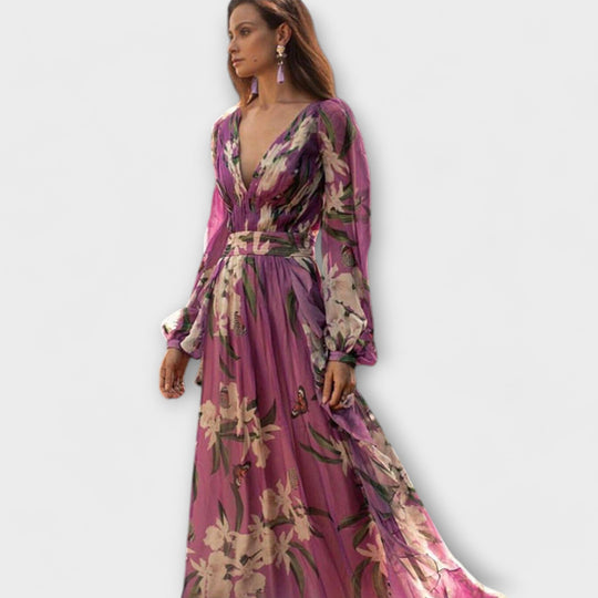 Alissara – Flowing Dress with Floral Nobility