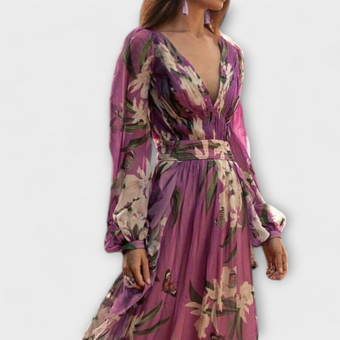 Alissara – Flowing Dress with Floral Nobility