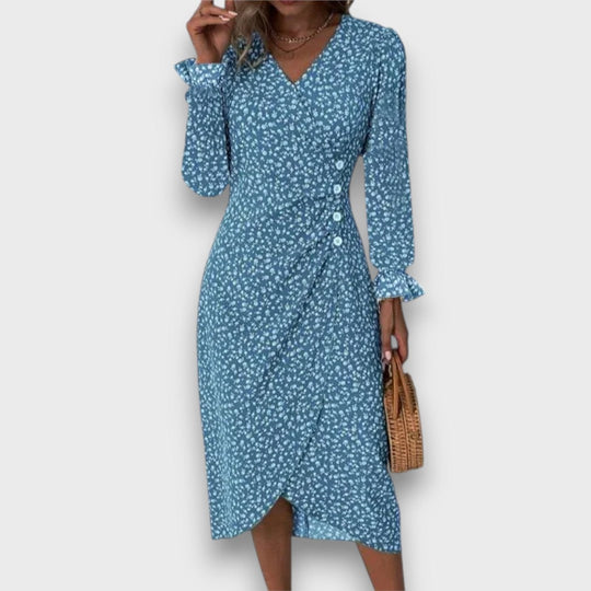 Miralie – Feminine patterned wrap dress with button details