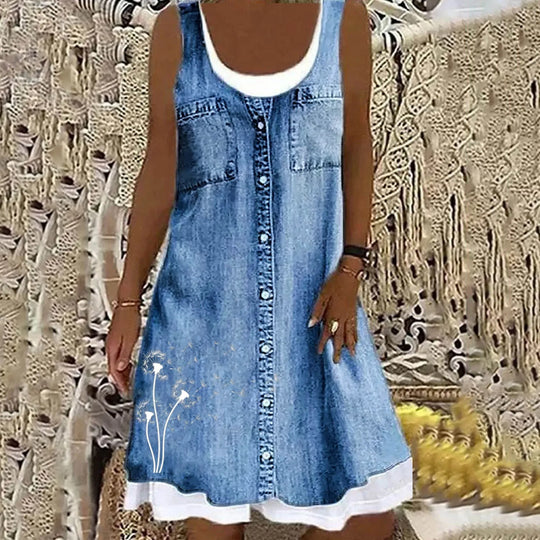 Florenya – Sleeveless Floral Print Denim Dress for Women