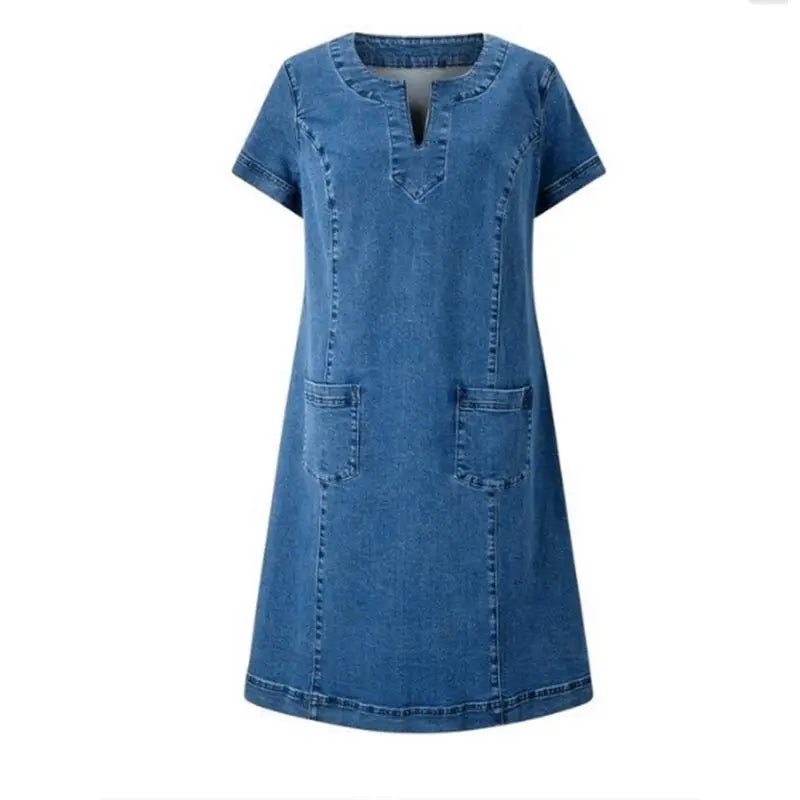 Devina – V-Neck Short Sleeve Denim Shift Dress for Women