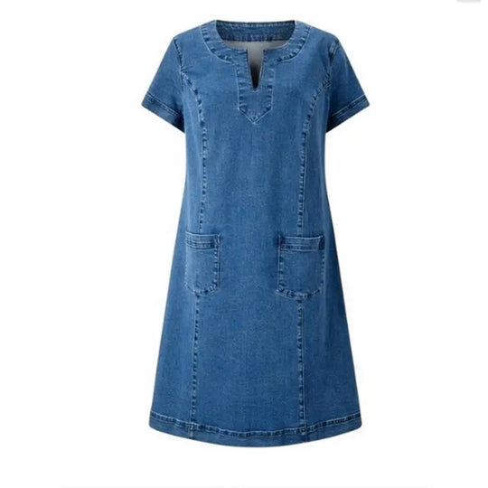 Devina – V-Neck Short Sleeve Denim Shift Dress for Women