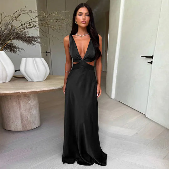 Milena – Satin Plunge Neck Evening Gown for Women