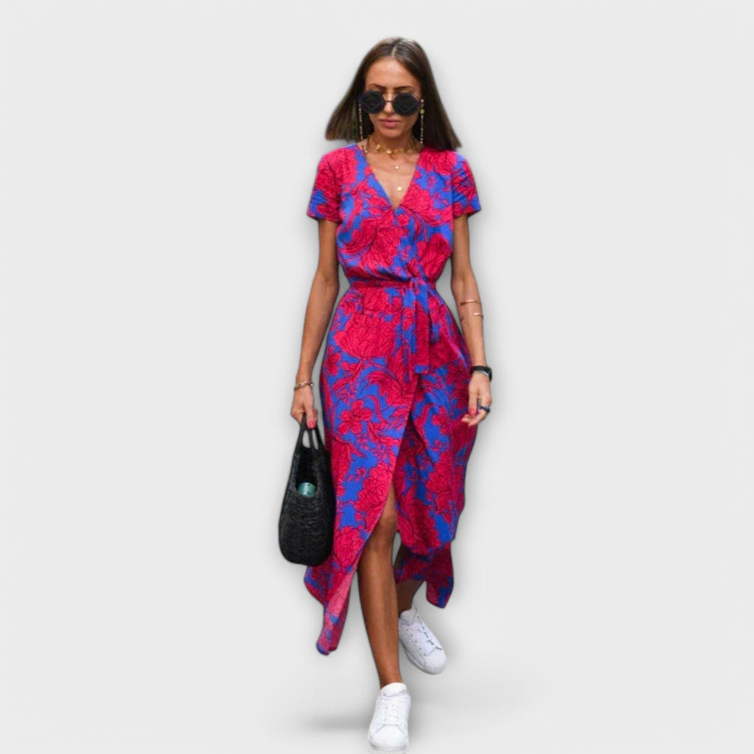 Yelina – Midi Dress with Wrap Look and Floral Energy