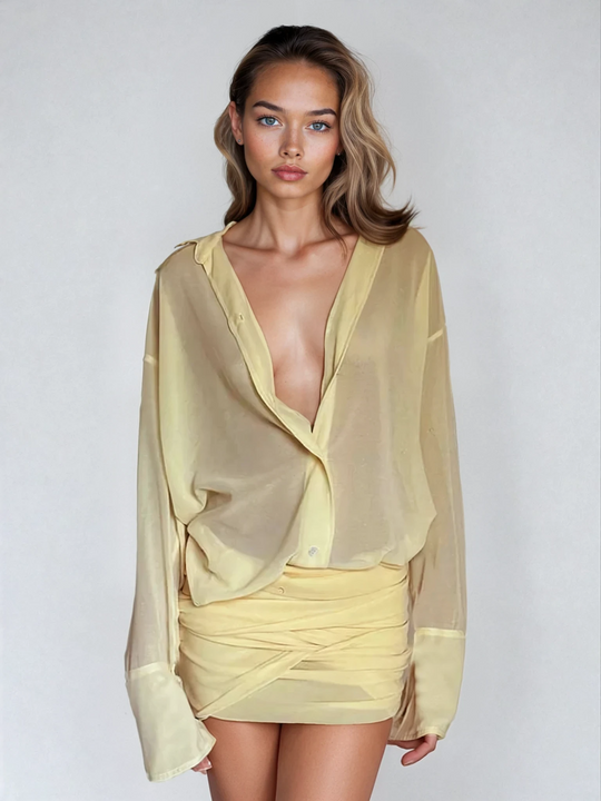 Lean – Satin Blouse & Ruched Mini Skirt Set for Women