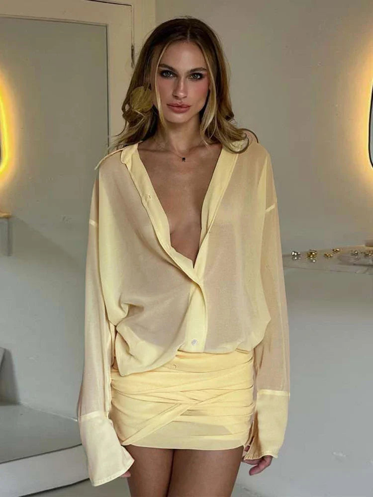 Lean – Satin Blouse & Ruched Mini Skirt Set for Women