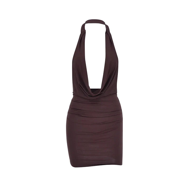 Queenie – Deep Plunge Halter Mini Dress for Women
