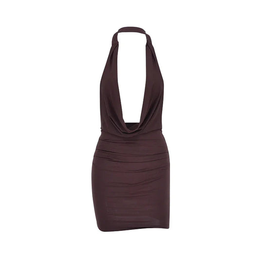 Queenie – Deep Plunge Halter Mini Dress for Women