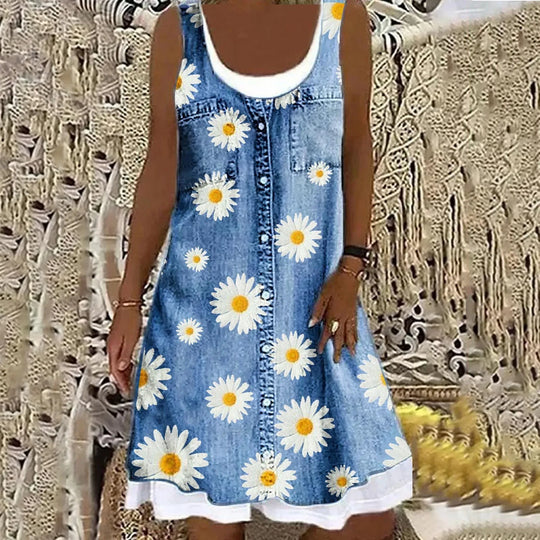 Florenya – Sleeveless Floral Print Denim Dress for Women