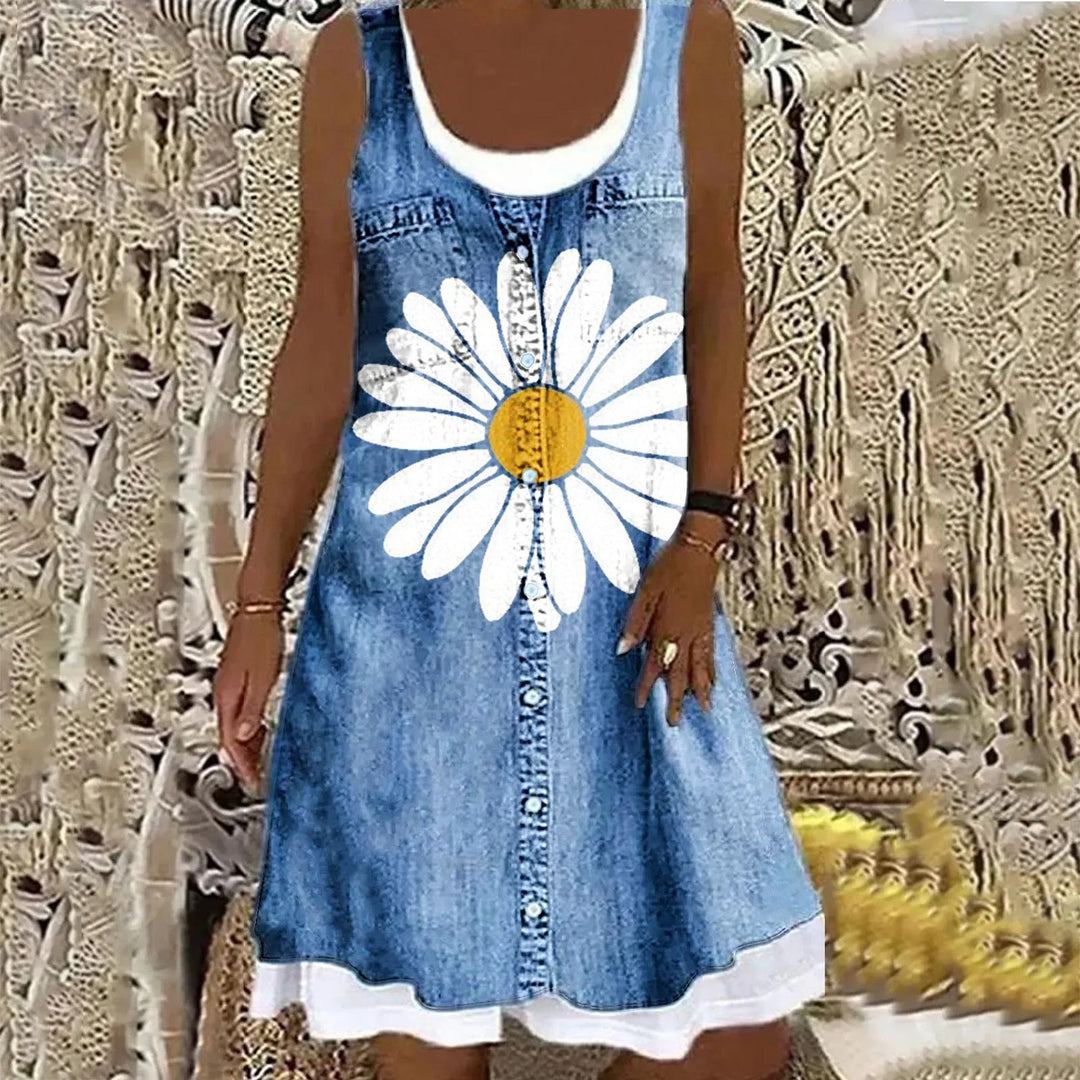 Florenya – Sleeveless Floral Print Denim Dress for Women