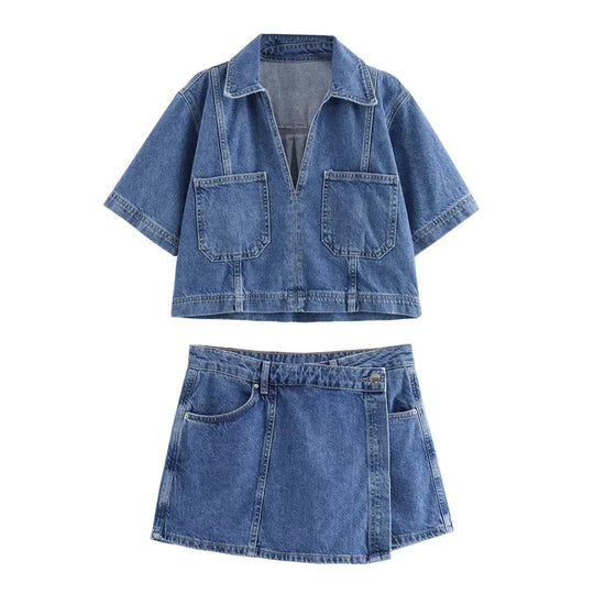 Renvara – Two-Piece Denim Skirt and Shirt Set for Women
