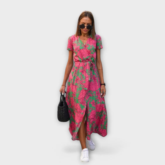 Yelina – Midi Dress with Wrap Look and Floral Energy
