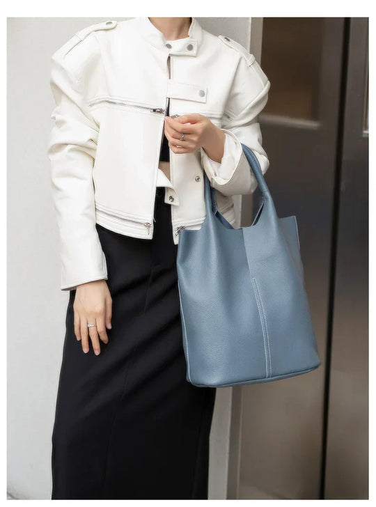 Arnika – Elegant Light Blue Bucket Bag with a Premium Leather Finish